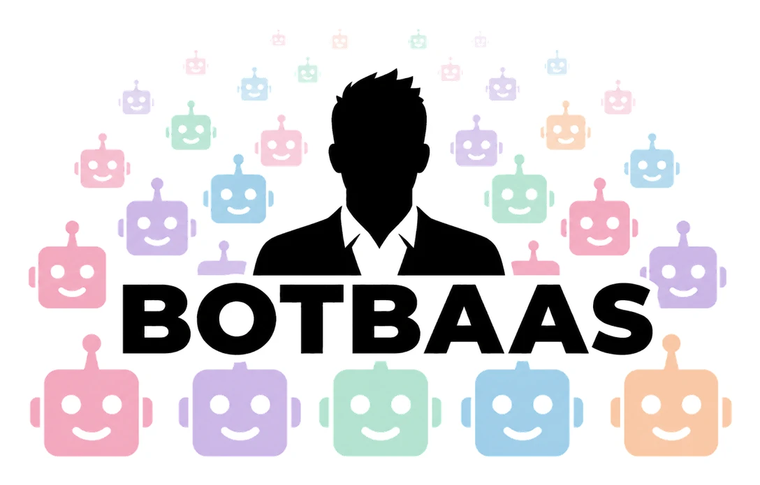 BotBaas logo: mens vooraan, pastel bots eromheen